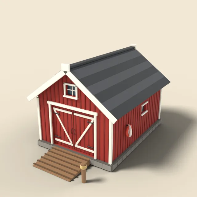 Red boathouse with double doors