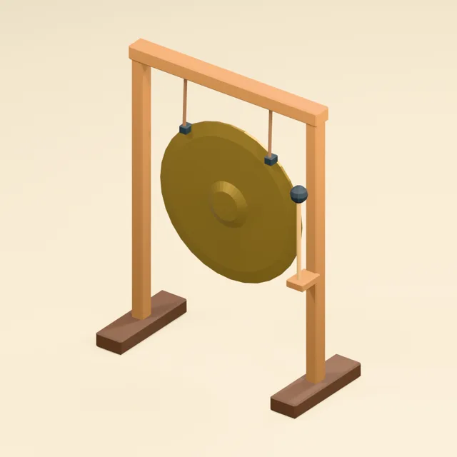 Suspended bossed gong in a freestanding frame