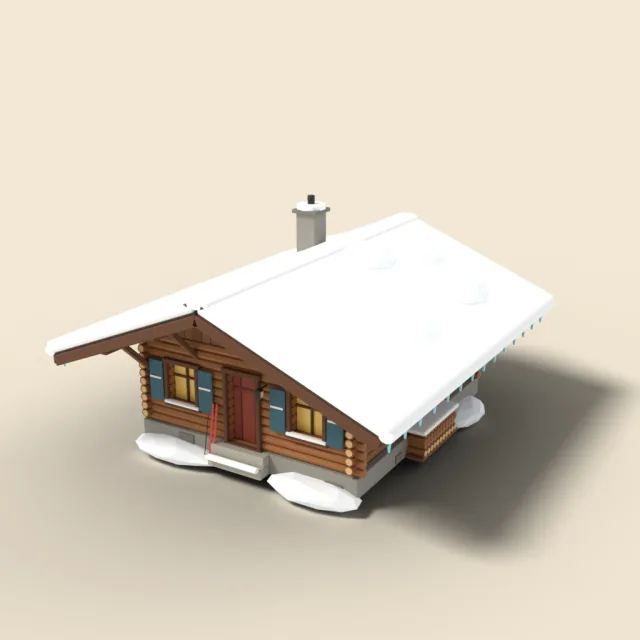 Snow-covered chalet with deep eaves