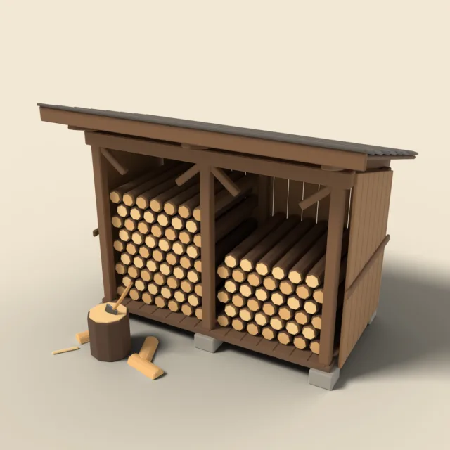 Woodshed with open front and log stack