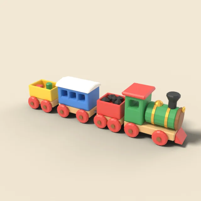 Wooden toy train with three cars