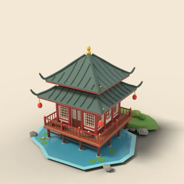 Chinese tea house on stilts by water