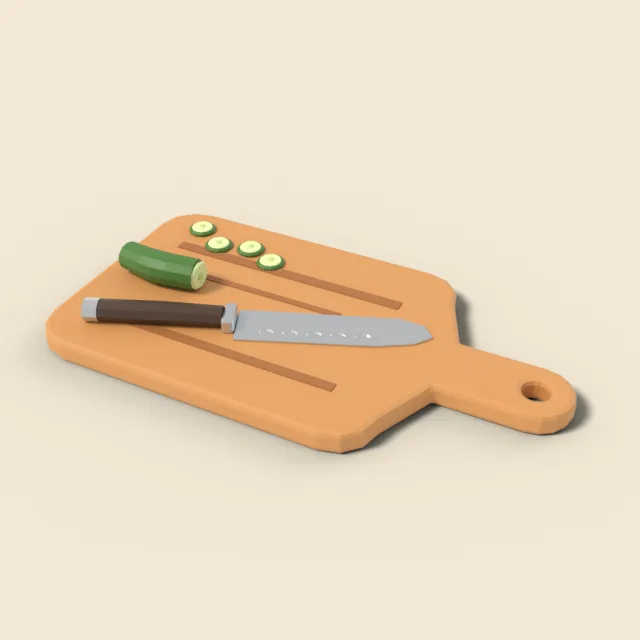 Wooden cutting board with knife