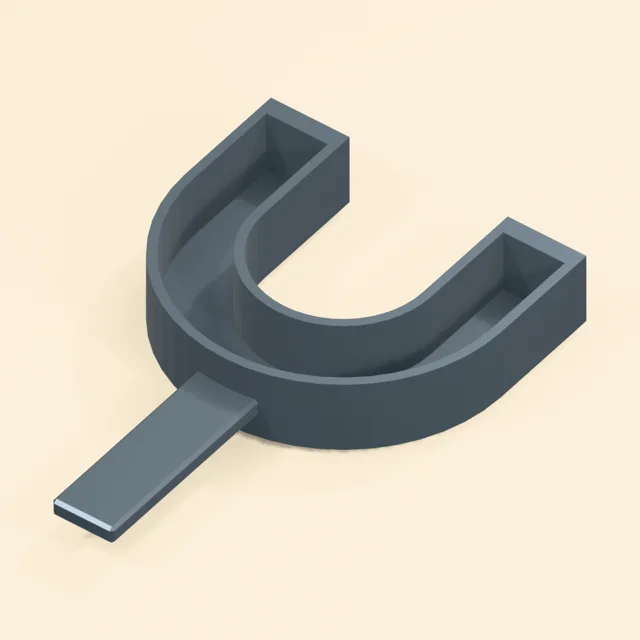 Mandibular dental impression tray with continuous U trough and retained front handle