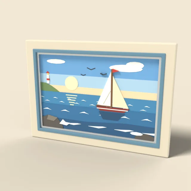 Framed seascape painting with sailboat