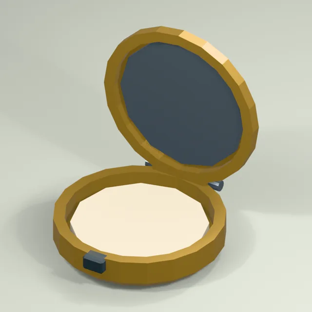 Open powder compact with hinged mirror and recessed pan