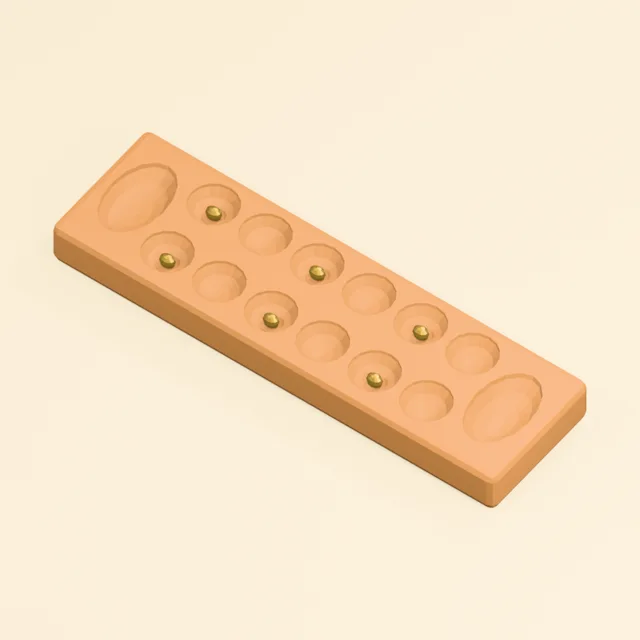 Carved mancala board with twelve pits and two end stores