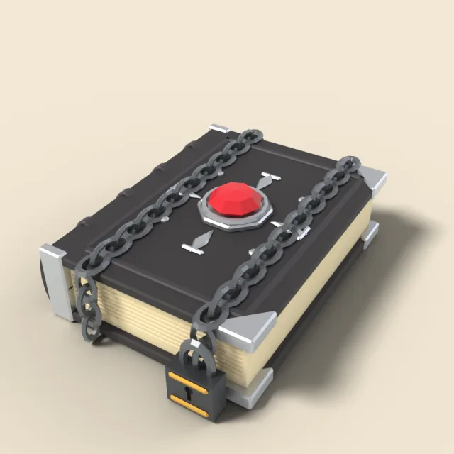 Chained black grimoire with red gem