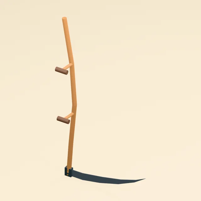 Two grip mowing scythe with curved snath and crescent blade