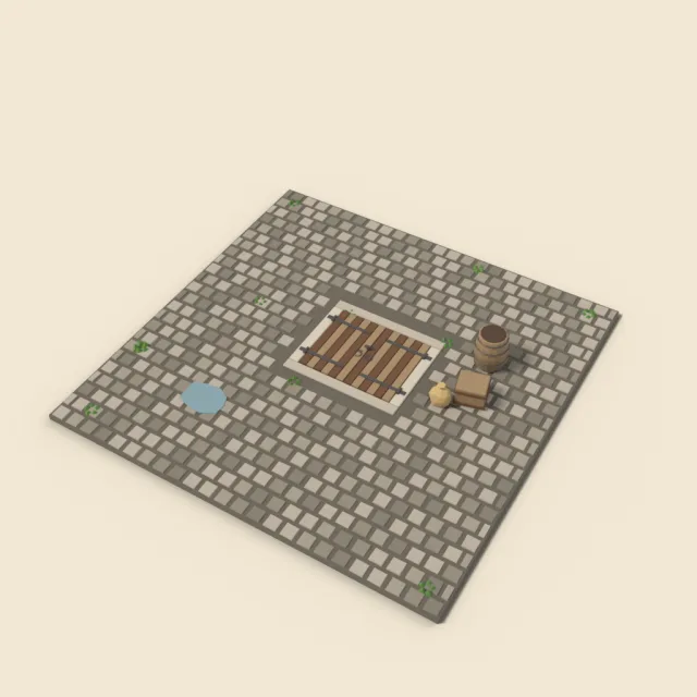 Cobblestone tile with cellar hatch