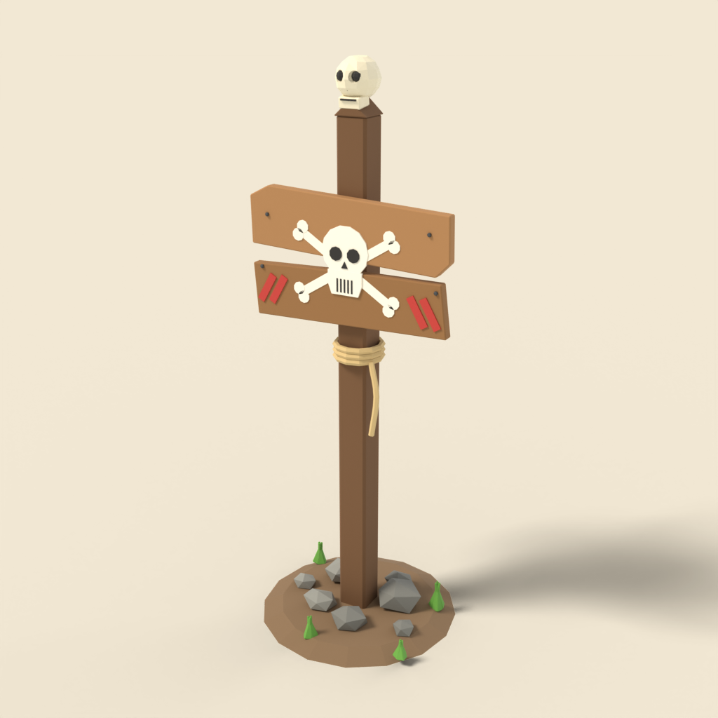 Wooden signpost with skull warning