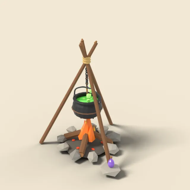 Small iron cauldron over campfire