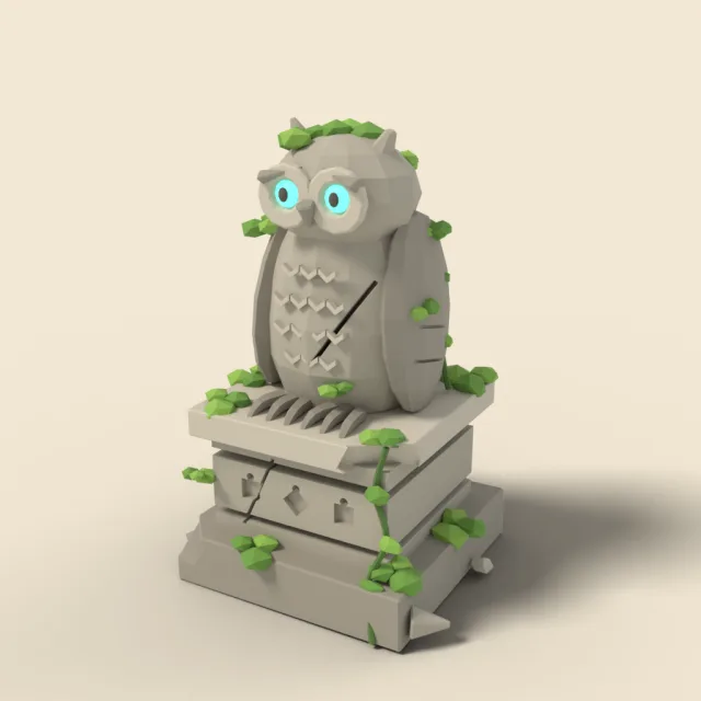 Mossy stone owl statue