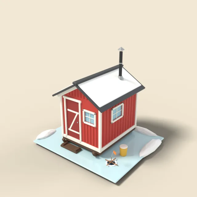 Red ice fishing hut with stovepipe