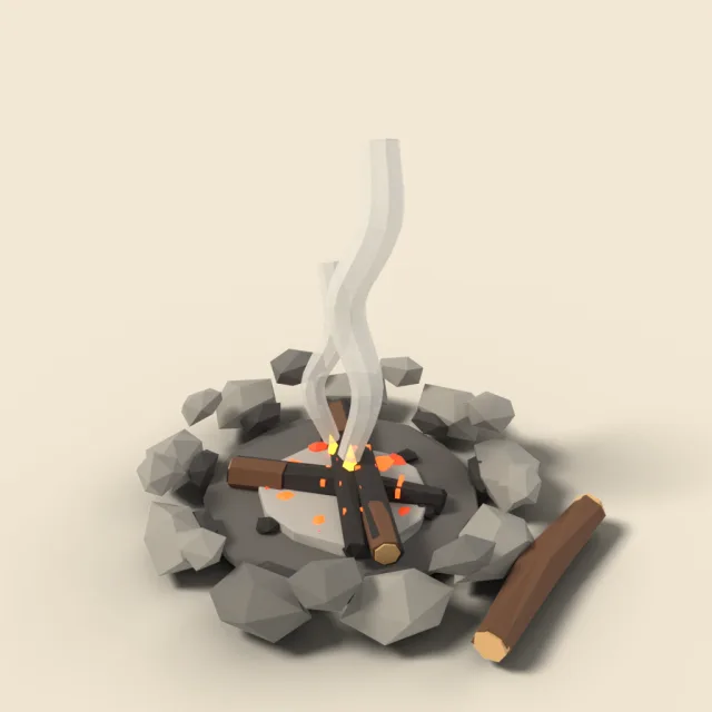 Smouldering campfire ring with stones and logs