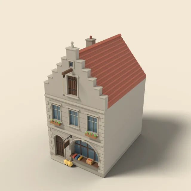 Gabled stone merchant house with shop front