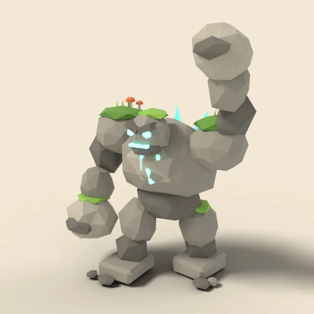 Mossy rock golem with glowing eyes