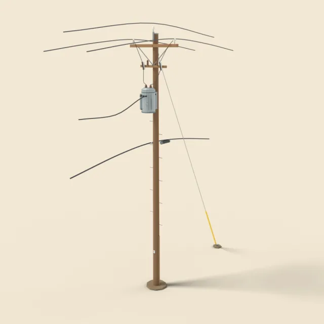 Wooden telephone pole with transformer