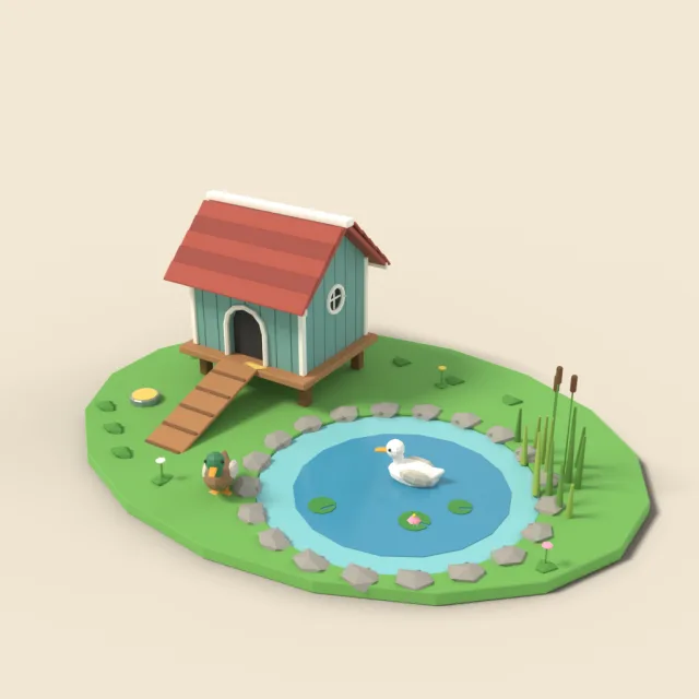 Duck house by small pond