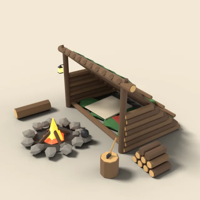 Forest lean-to with fire pit
