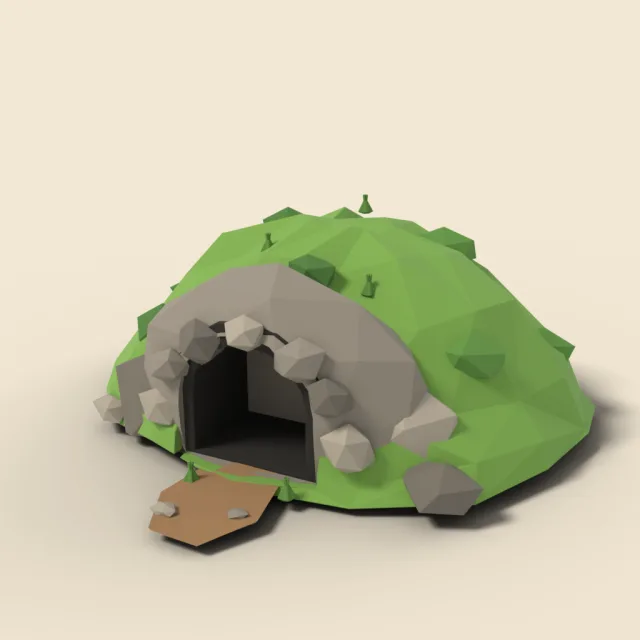Dark cave mouth in grassy hillside