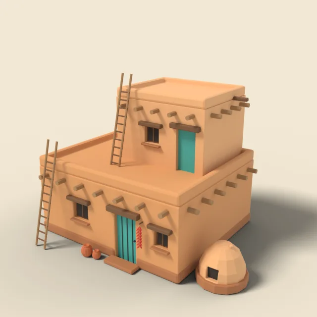 Two-storey adobe house with ladder