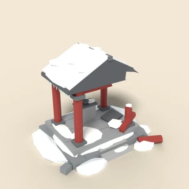 Snow-covered ruined shrine