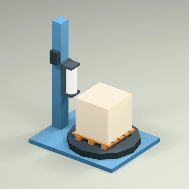pallet_wrapping_station_loaded_turntable_vertical_film_carriage with contrasting stone presentation