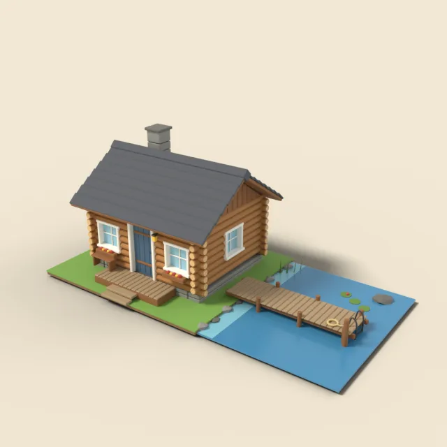Lakeside log cabin with small dock