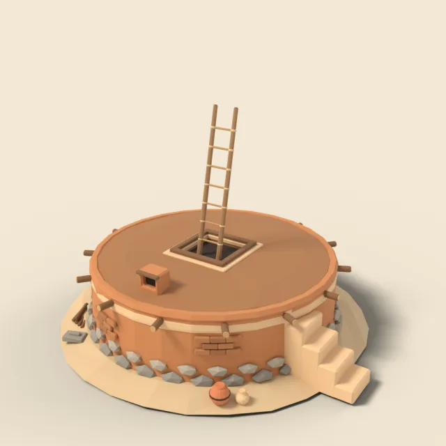Round adobe kiva with roof ladder