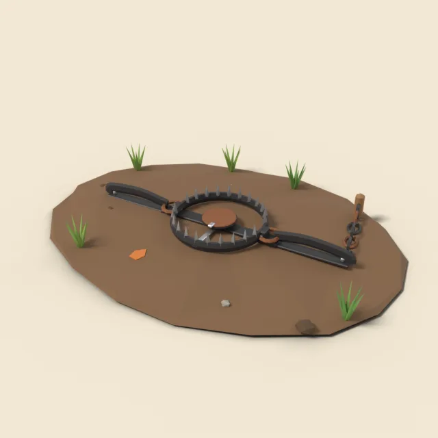 Armed bear trap on ground
